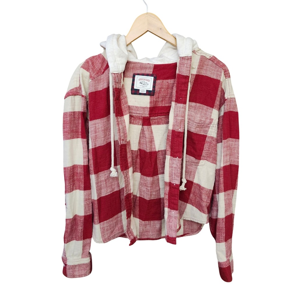 American Eagle Red Buffalo Plaid Hooded Flannel Shirt Distressed Large Grunge